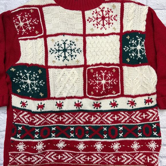 Jacque and Koko Mock Neck Sweater Christmas Patchwork Size 18/20 White Red - Picture 3 of 4